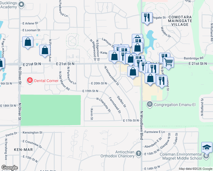 map of restaurants, bars, coffee shops, grocery stores, and more near 2009 N Beaumont St in Wichita
