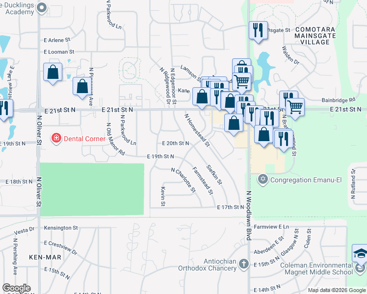 map of restaurants, bars, coffee shops, grocery stores, and more near 2009 N Beaumont St in Wichita