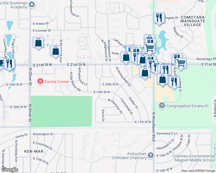 map of restaurants, bars, coffee shops, grocery stores, and more near 5701 E 20th St N in Wichita