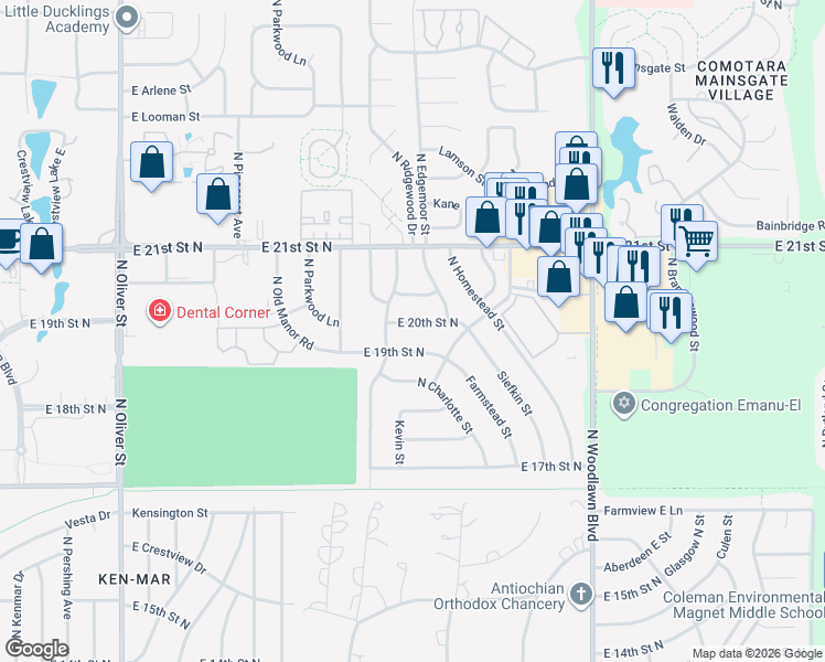 map of restaurants, bars, coffee shops, grocery stores, and more near 5701 E 20th St N in Wichita