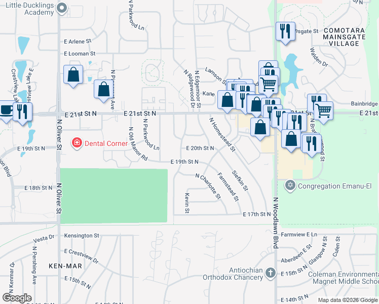 map of restaurants, bars, coffee shops, grocery stores, and more near 5701 E 20th St N in Wichita