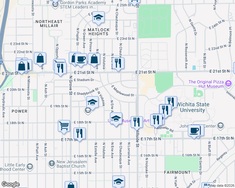 map of restaurants, bars, coffee shops, grocery stores, and more near 2929 East Maplewood Street in Wichita