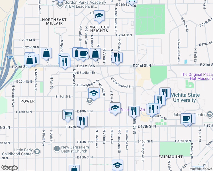 map of restaurants, bars, coffee shops, grocery stores, and more near 2819 East Stadium Drive in Wichita