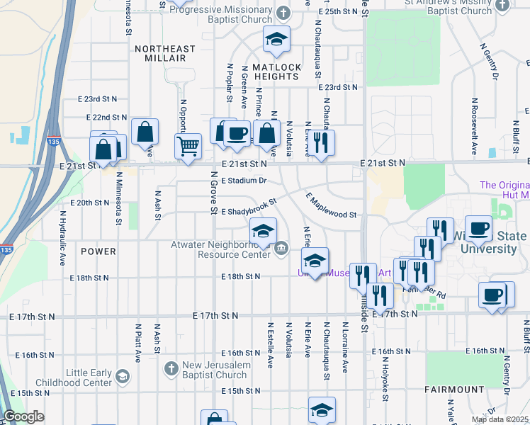 map of restaurants, bars, coffee shops, grocery stores, and more near 2605 East Shadybrook Street in Wichita