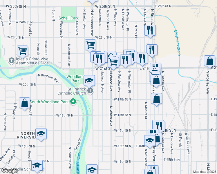 map of restaurants, bars, coffee shops, grocery stores, and more near 2057 N Waco St in Wichita