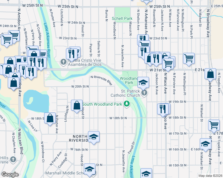 map of restaurants, bars, coffee shops, grocery stores, and more near 2051 Woodland North in Wichita
