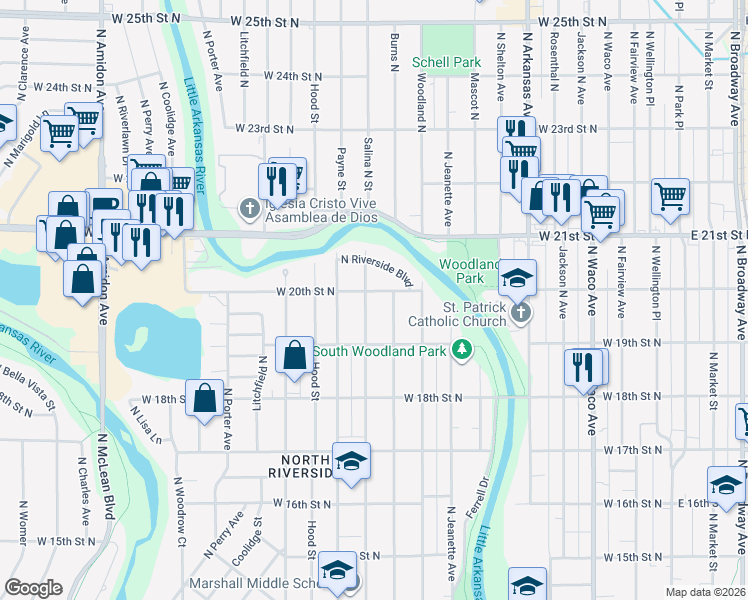 map of restaurants, bars, coffee shops, grocery stores, and more near 1023 West 20th Street North in Wichita