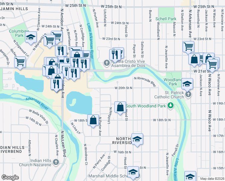 map of restaurants, bars, coffee shops, grocery stores, and more near 1415 West 20th Street North in Wichita