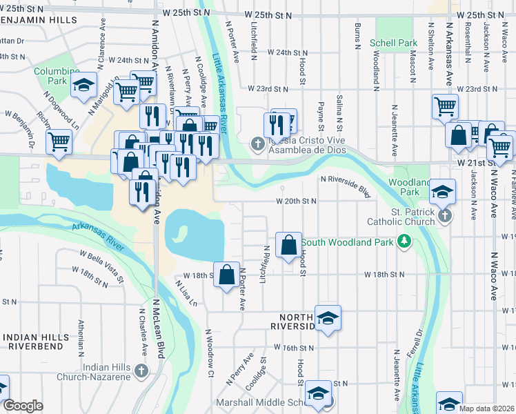 map of restaurants, bars, coffee shops, grocery stores, and more near 1415 West 20th Street North in Wichita