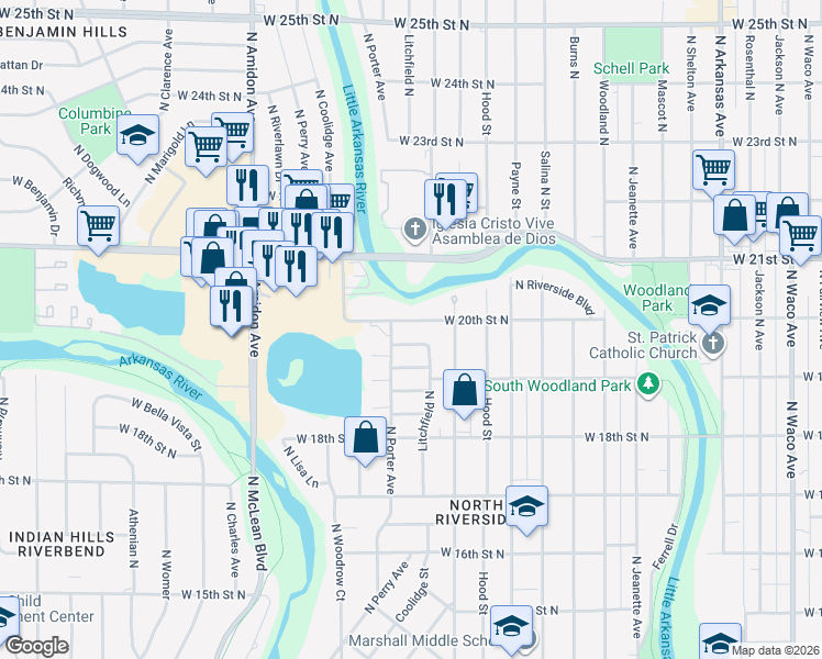 map of restaurants, bars, coffee shops, grocery stores, and more near 1527 West 20th Street North in Wichita