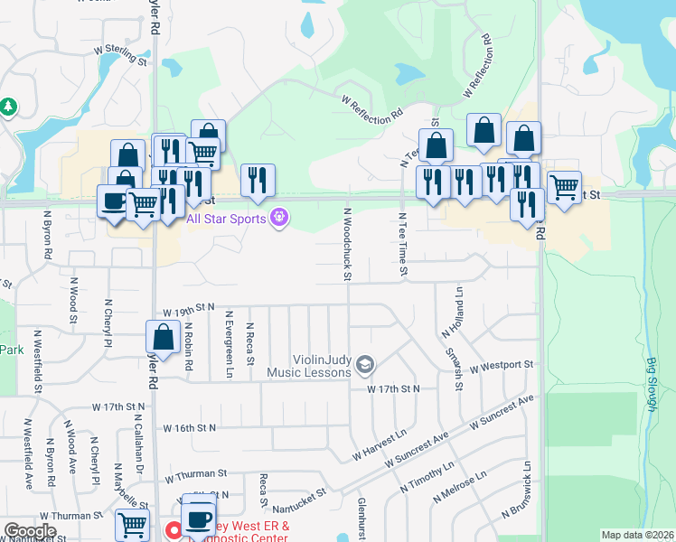 map of restaurants, bars, coffee shops, grocery stores, and more near 8003 20th Street Circle in Wichita
