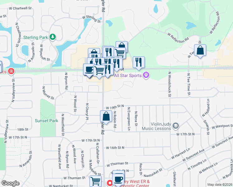 map of restaurants, bars, coffee shops, grocery stores, and more near 8701 West Westlawn Circle in Wichita