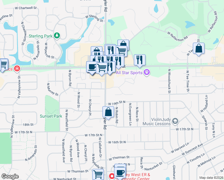 map of restaurants, bars, coffee shops, grocery stores, and more near 8701 West Westlawn Circle in Wichita