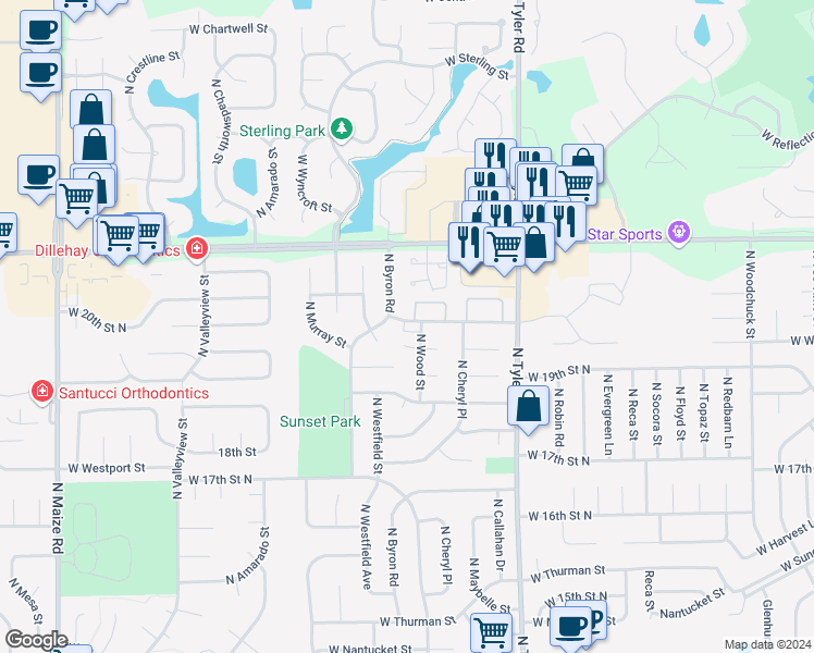 map of restaurants, bars, coffee shops, grocery stores, and more near 9119 West Westlawn Street in Wichita