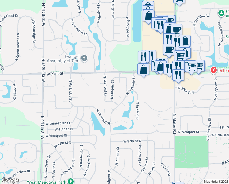 map of restaurants, bars, coffee shops, grocery stores, and more near 2021 North Rutgers Street in Wichita