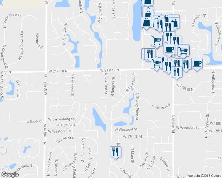map of restaurants, bars, coffee shops, grocery stores, and more near 2021 North Rutgers Street in Wichita