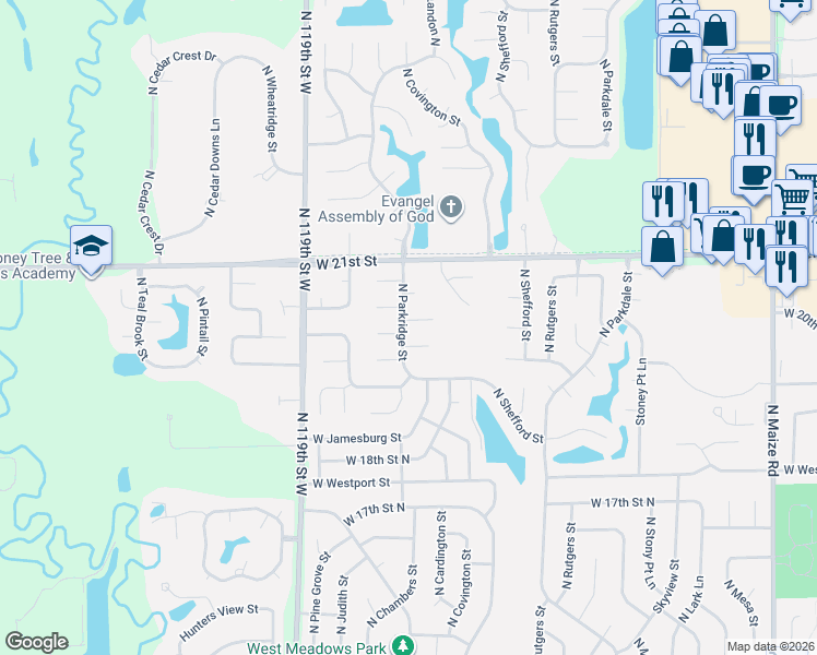 map of restaurants, bars, coffee shops, grocery stores, and more near 2047 North Parkridge Court in Wichita