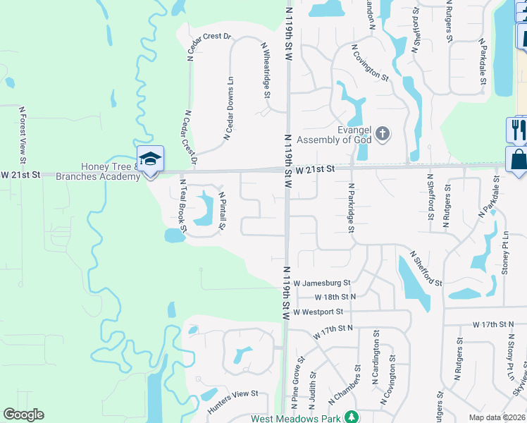 map of restaurants, bars, coffee shops, grocery stores, and more near 2058 Sunridge Court in Wichita
