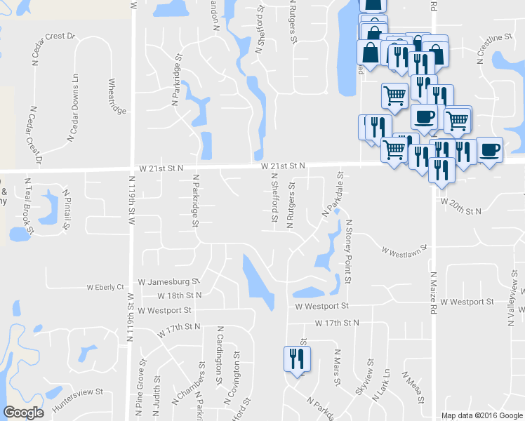 map of restaurants, bars, coffee shops, grocery stores, and more near 2098 West Shefford Court in Wichita