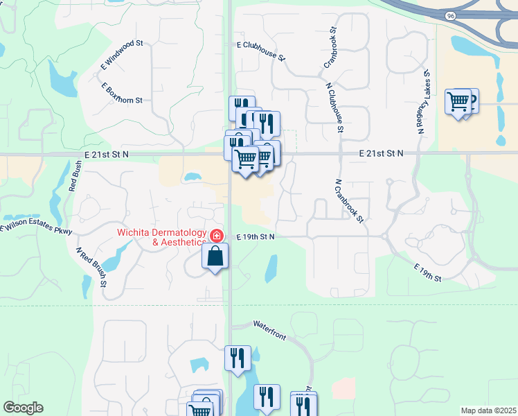 map of restaurants, bars, coffee shops, grocery stores, and more near 2050 North Webb Road in Wichita