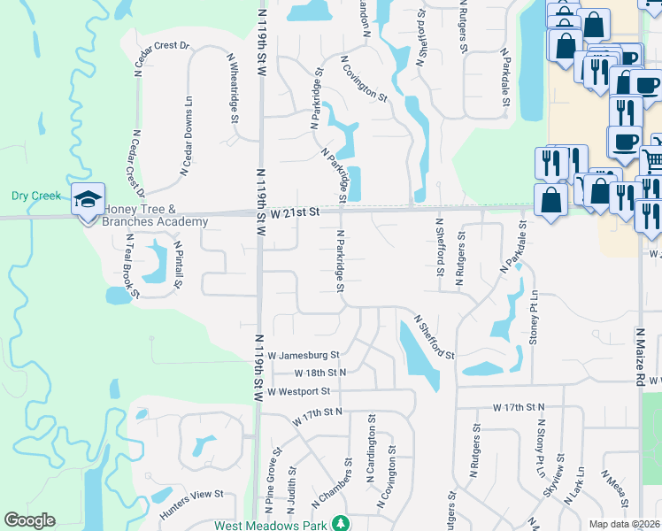 map of restaurants, bars, coffee shops, grocery stores, and more near 2047 North Parkridge Court in Wichita