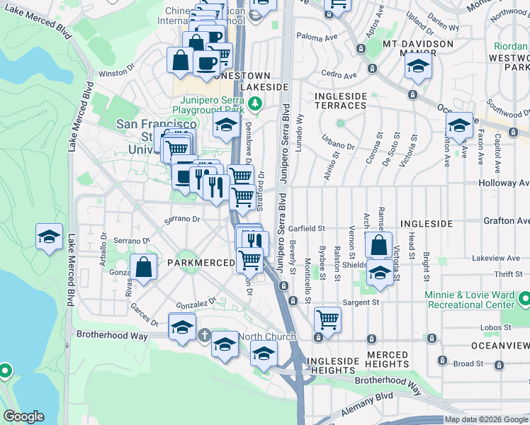map of restaurants, bars, coffee shops, grocery stores, and more near 257 Stratford Drive in San Francisco