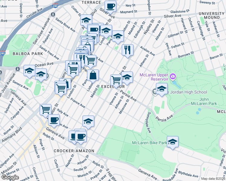 map of restaurants, bars, coffee shops, grocery stores, and more near 515 Naples Street in San Francisco