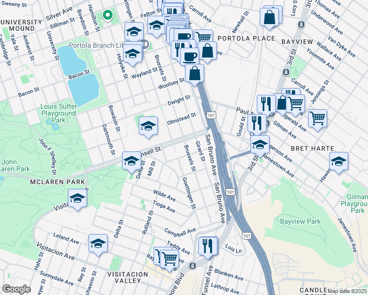 map of restaurants, bars, coffee shops, grocery stores, and more near 948 Brussels Street in San Francisco