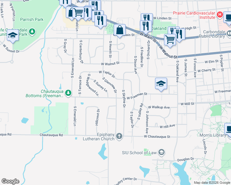 map of restaurants, bars, coffee shops, grocery stores, and more near 624 South Glenview Drive in Carbondale