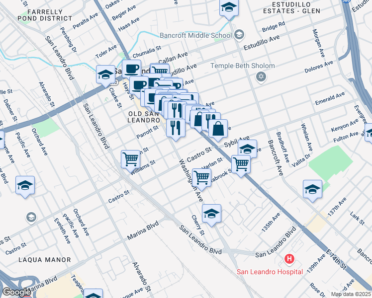map of restaurants, bars, coffee shops, grocery stores, and more near 139 Williams Street in San Leandro