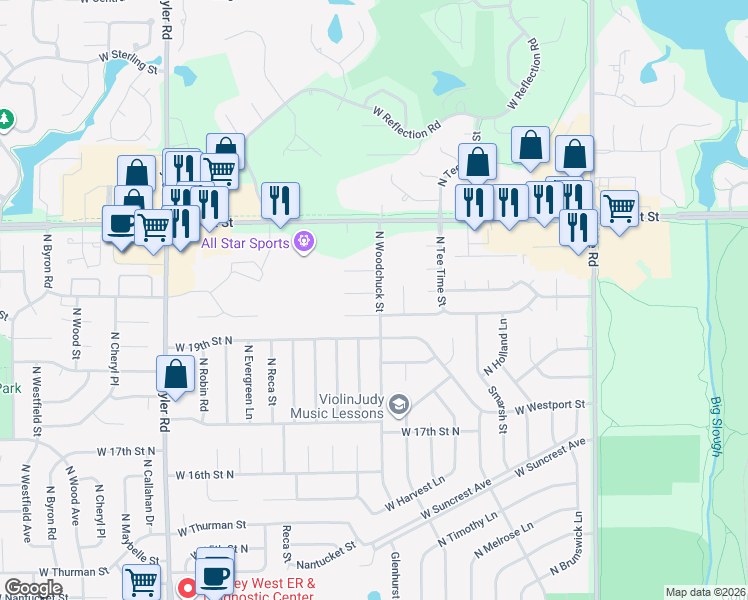 map of restaurants, bars, coffee shops, grocery stores, and more near 8003 20th Street Circle in Wichita