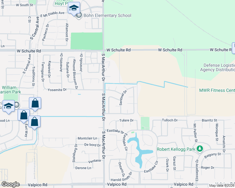 map of restaurants, bars, coffee shops, grocery stores, and more near 750 Yosemite Drive in Tracy