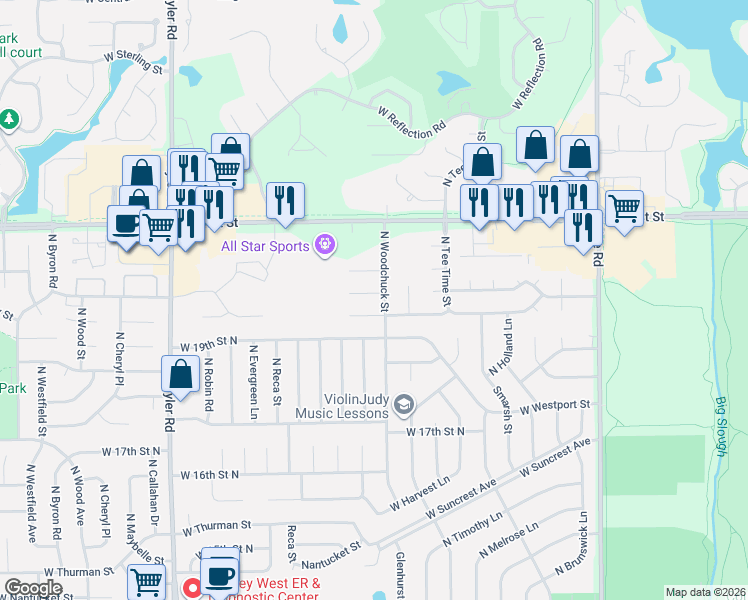 map of restaurants, bars, coffee shops, grocery stores, and more near 8003 20th Street Circle in Wichita