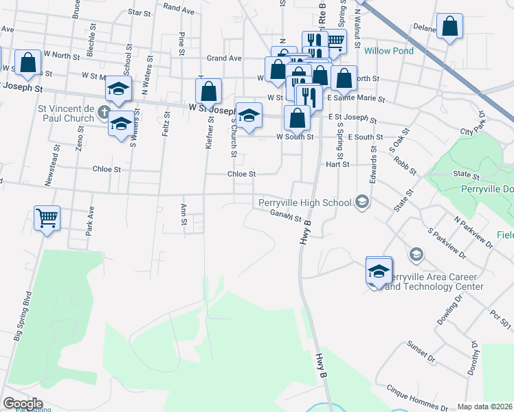 map of restaurants, bars, coffee shops, grocery stores, and more near 343 South Shelby Street in Perryville
