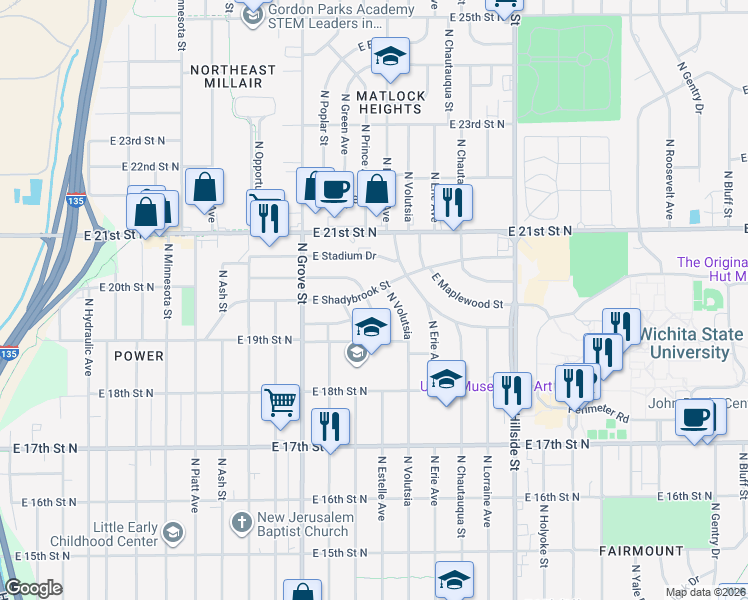 map of restaurants, bars, coffee shops, grocery stores, and more near 2605 East Shadybrook Street in Wichita