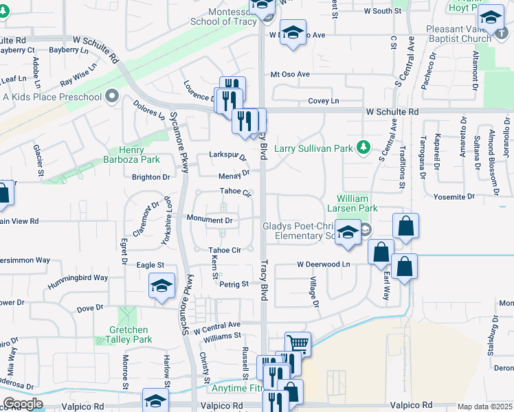 map of restaurants, bars, coffee shops, grocery stores, and more near 1530 Tahoe Circle in Tracy
