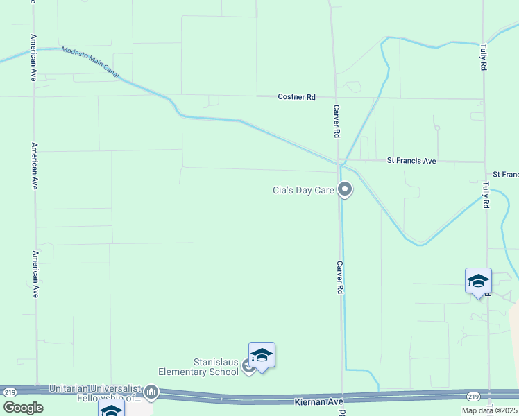 map of restaurants, bars, coffee shops, grocery stores, and more near 5631 Carver Road in Modesto