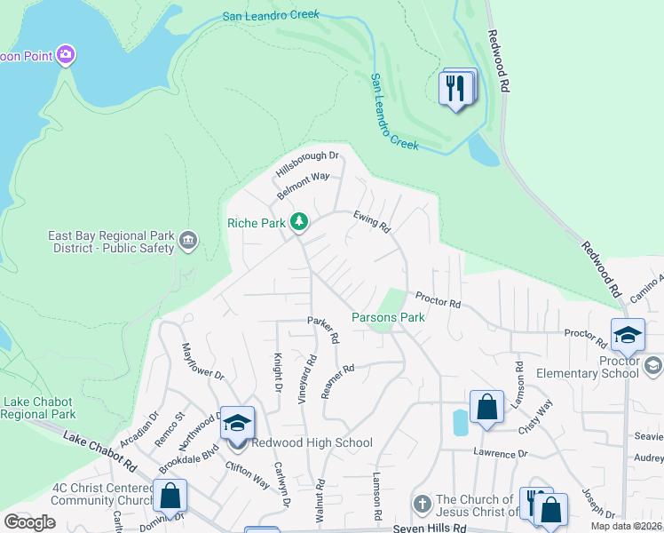 map of restaurants, bars, coffee shops, grocery stores, and more near 4311 Wildwood Place in Castro Valley