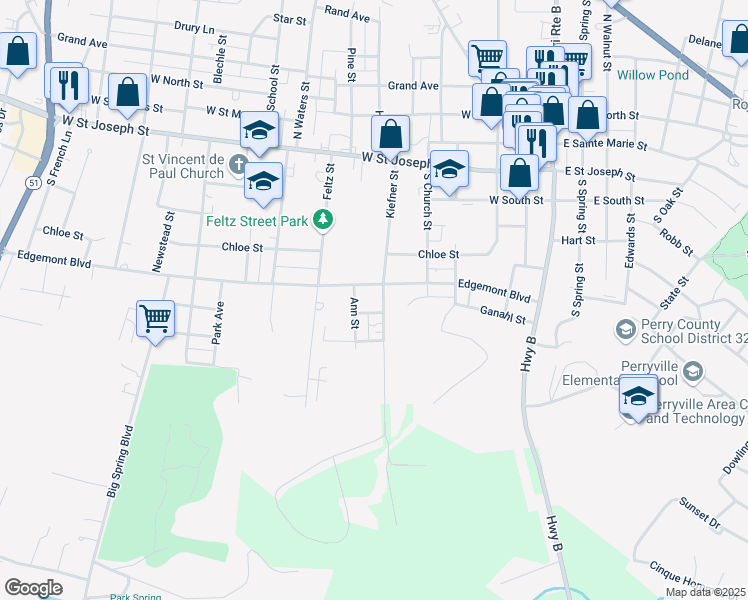 map of restaurants, bars, coffee shops, grocery stores, and more near 419 Kiefner Street in Perryville