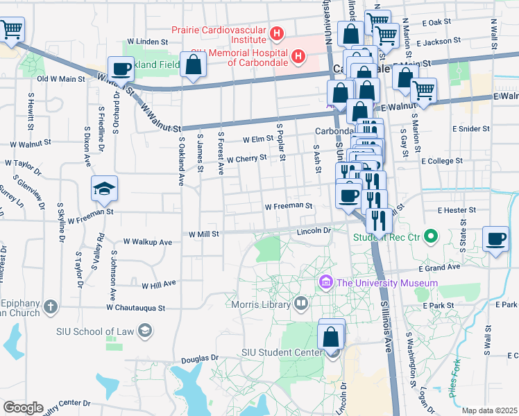map of restaurants, bars, coffee shops, grocery stores, and more near 700 West Freeman Street in Carbondale