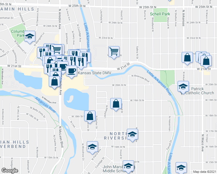map of restaurants, bars, coffee shops, grocery stores, and more near 1415 W 20th Street North in Wichita
