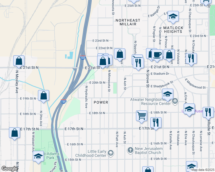 map of restaurants, bars, coffee shops, grocery stores, and more near 2047 North Minnesota Street in Wichita