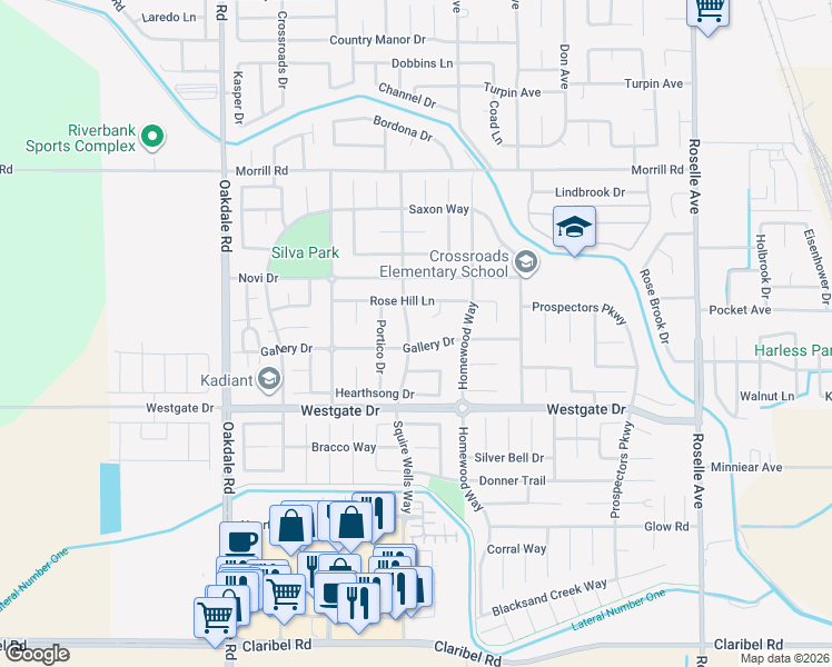 map of restaurants, bars, coffee shops, grocery stores, and more near 5606 Squire Wells Way in Riverbank
