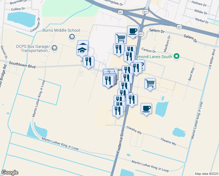 map of restaurants, bars, coffee shops, grocery stores, and more near 5000 Frederica Street in Owensboro