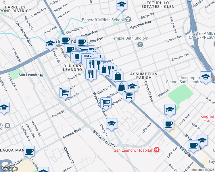 map of restaurants, bars, coffee shops, grocery stores, and more near 60 Castro Street in San Leandro