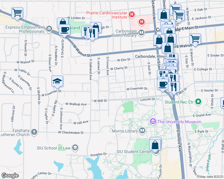 map of restaurants, bars, coffee shops, grocery stores, and more near 820 West Freeman Street in Carbondale
