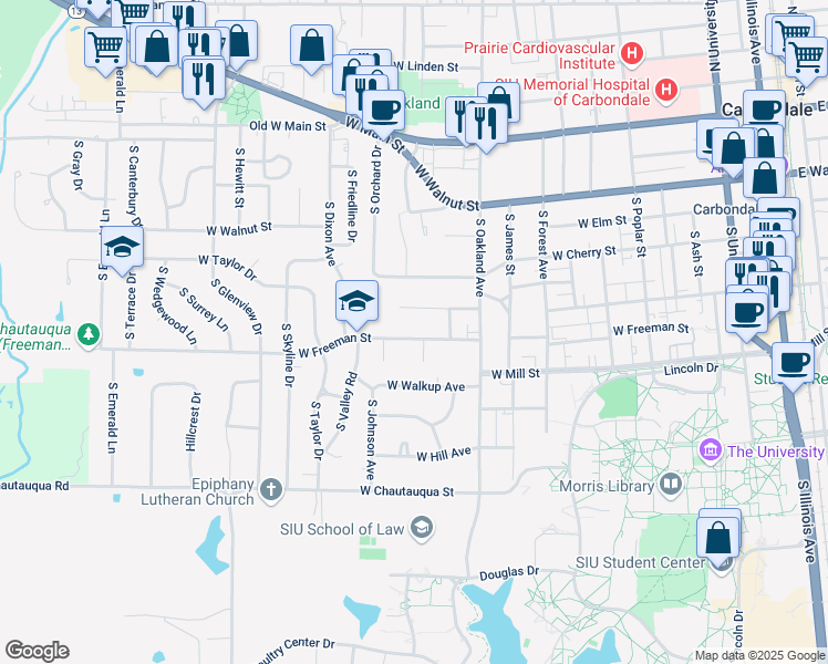 map of restaurants, bars, coffee shops, grocery stores, and more near 1210 West Freeman Street in Carbondale