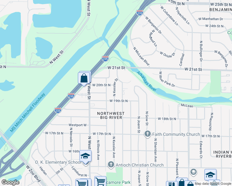 map of restaurants, bars, coffee shops, grocery stores, and more near 2028 North Kessler Street in Wichita