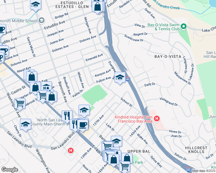 map of restaurants, bars, coffee shops, grocery stores, and more near 2051 Evergreen Avenue in San Leandro