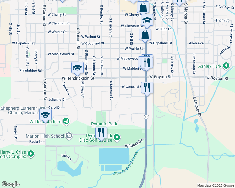 map of restaurants, bars, coffee shops, grocery stores, and more near 1110 South Vicksburg Street in Marion